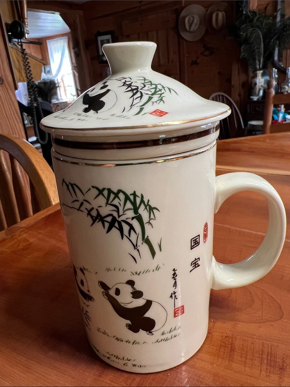 World Market Panda Bamboo 3pc Tea Mug W/ Loose Leaf Tea Infuser Strainer & Lid